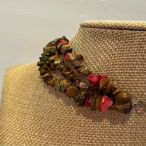 Multi-color Genuine Gemstone Necklace- multistrand chipped brown, green, red - Picture 7 of 8